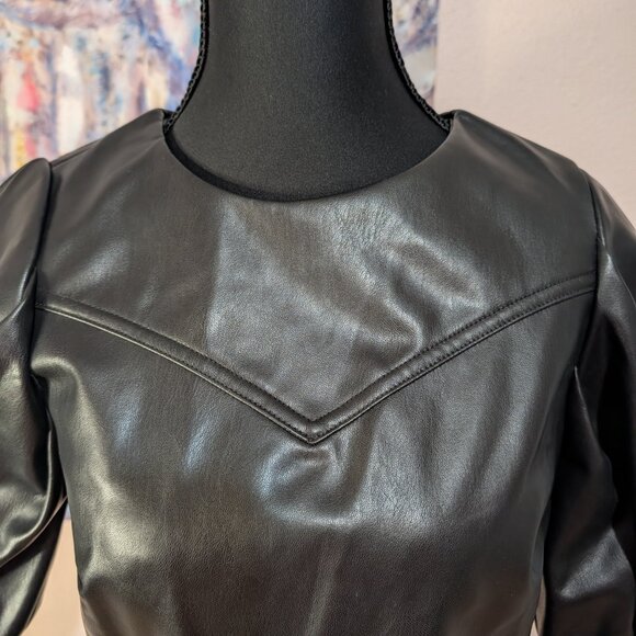 Y2K Inspired Black Faux Leather Mini Dress Size Small Puffy Short Sleeve Lined - Picture 3 of 12